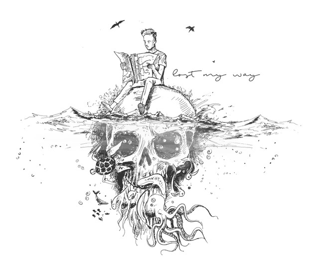 黑白线条手绘少年浮木阅读水下骷髅海洋生物场景插画
