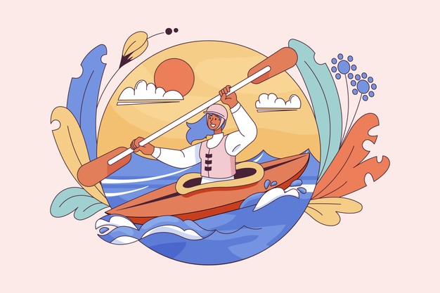 圆形构图扁平风皮划艇水上运动人物矢量插画素材