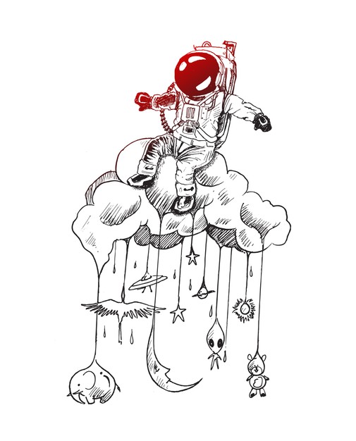 黑白线条手绘宇航员云朵插画，红色头盔点缀童趣太空幻想主题图案元素
