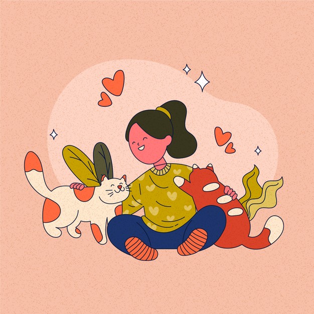 温馨少女与猫咪的治愈系插画素材