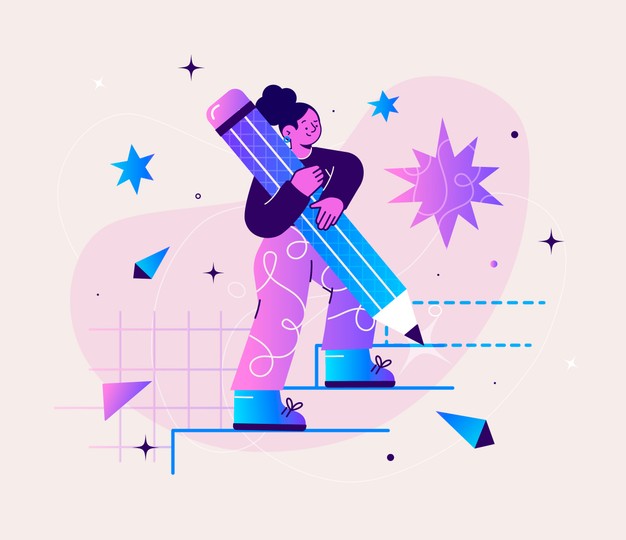 抱巨大铅笔的卡通人物与几何星形背景插画